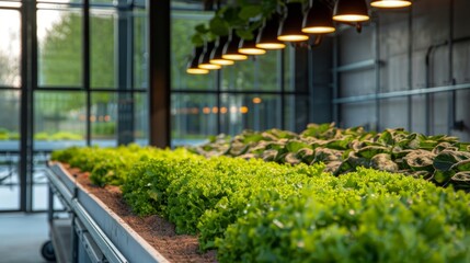 Modern hydroponic farm with LED lights providing optimal growth conditions for a diverse range of vegetable crops