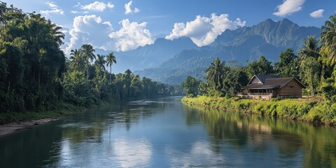 Scenic river landscape with lush greenery, mountains, and a cozy cabin under a clear blue sky with fluffy white clouds.