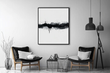  black and white painting hangs on the wall of a living room. The painting is a large, abstract piece that covers the entire wall. The room is furnished with a couch and a chair