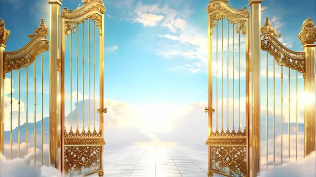 A pair of ornate golden gates opening to a bright light above fluffy clouds under a blue sky.