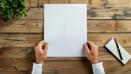 Man holding blank paper on table in office. Mock up template