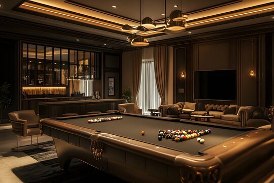 Elegant game room featuring a pool table and luxurious seating.