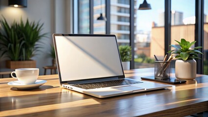Minimalist laptop resting on a chic table, ideal for tackling tasks or creative endeavors. A thoughtfully designed