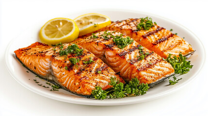 Grilled salmon fillets garnished with fresh parsley and lemon slices on a white plate, symbolizing healthy eating, gourmet cuisine, and a delicious, nutritious meal.