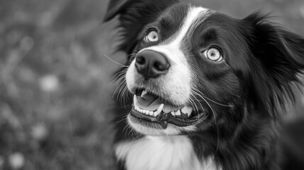 A black and white close-up portrait of a happy border collie dog with its mouth open, showing its teeth, and looking up at the camera.