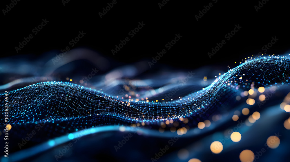 Aufkleber futuristic abstract mesh. wave with the connection of luminous points and lines. 3d rendering.