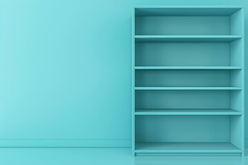 A serene teal room featuring a minimalist bookshelf, inviting creativity and contemplation during a quiet afternoon