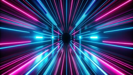 Neon pink and blue lines stretch into a 3D tunnel against a black background, producing a vibrant motion