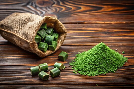 Scattered green nasvay granules and snus bag on a brown wooden background creating a textured view