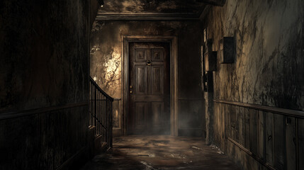 A hauntingly beautiful scene of an ancient door in a dilapidated hallway, barely open, with soft light streaming through. The aged walls and wooden textures evoke a chilling atmosp