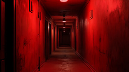 A dimly lit hallway drenched in crimson hues, evoking feelings of danger and fear. The corridor appears endless, with shadows lurking around every corner. The red lighting heighten