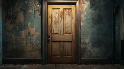 A mysterious wooden door in an old, decaying house, slightly ajar and illuminated by dim, eerie light. The weathered walls and creaky floorboards add to the sense of suspense, maki