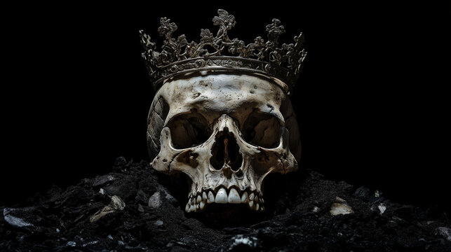 Spooky human skeleton skull with weathered crown placed on pile of ash against black background.