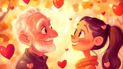 Senior man and young woman falling in love in autumn