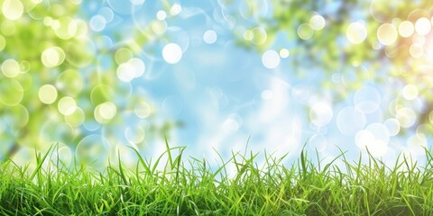 Fototapeta premium Fresh green grass with bokeh effect and blurred background of leaves. Nature background shot. Spring and nature concept. Design for banner, wallpaper, or poster.