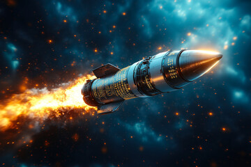 Futuristic rocket launching in space with digital codes