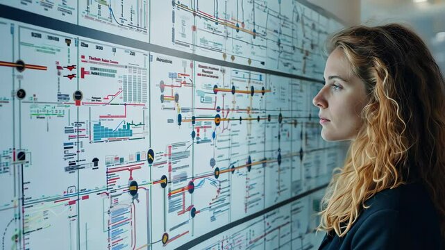 Focused Beauty Businesswoman Analyzing Complex Data on Whiteboard Interface Screen in Office