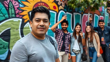 Fototapeta premium A Hispanic man in casual clothing standing in front of a colorful mural, with a group of friends laughing and taking pictures