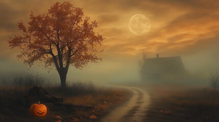 Eerie Halloween pumpkin glowing on misty path under full moon with autumn trees