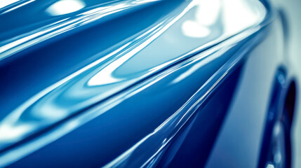 Closeup of a shiny blue car body reflecting light