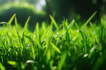 Close-up view of vibrant green grass under sunny skies