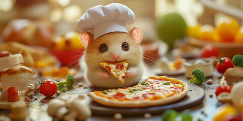 Obraz premium Adorable hamster in a chef's hat holds a slice of pizza in a cozy kitchen. Surrounded by ingredients, it creates a fun and playful cooking scene.