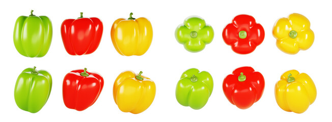 3d set of bell pepper in different angles. Red, green, yellow vegetable, sweet paprika capsicum on white background. Organic healthy food. Cartoon render icon, isolated design element. 3D illustration