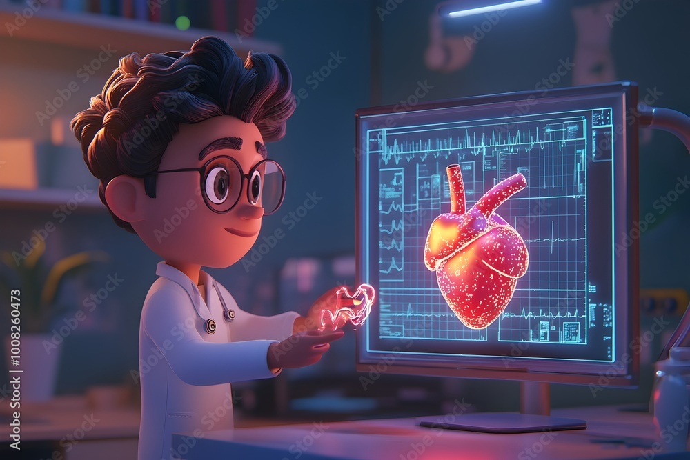 Poster flat style character reviewing a 3d holographic heart model in a medical setting with a three color
