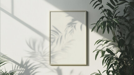 Minimalist poster mockup hanging on a white wall, illuminated by natural light and shadows of plants, creating a clean and modern interior design atmosphere.