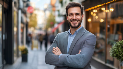 Obraz premium Young happy pretty smiling professional business man, happy confident positive male entrepreneur standing outdoor on street arms crossed, looking at camera, Generative AI 