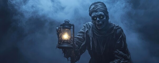 A mysterious figure with a lantern in a foggy landscape, evoking a haunting atmosphere perfect for horror and fantasy themes.