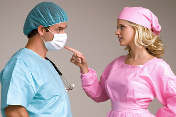 Medical professionals in discussion wearing scrubs