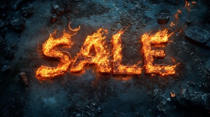 Captivating image of a SALE sign burning intensely on rocky terrain, surrounded by a dark atmosphere. The image conveys urgency and strong promotional themes, perfect for marketing campaigns, sales