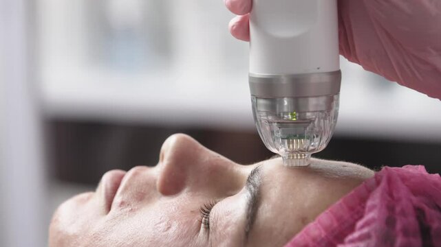 A close-up of the microneedle RF lifting procedure in a beauty salon. A young woman enjoys high-quality facial treatment, highlighting the significance of professional cosmetic procedures.