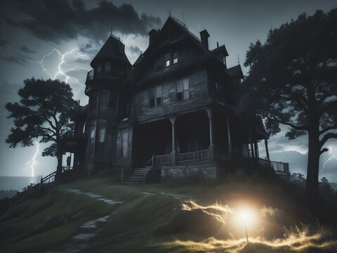 A haunted house on a hill, silhouetted against a full moon, with lightning striking in the distance and dark storm clouds rolling in
