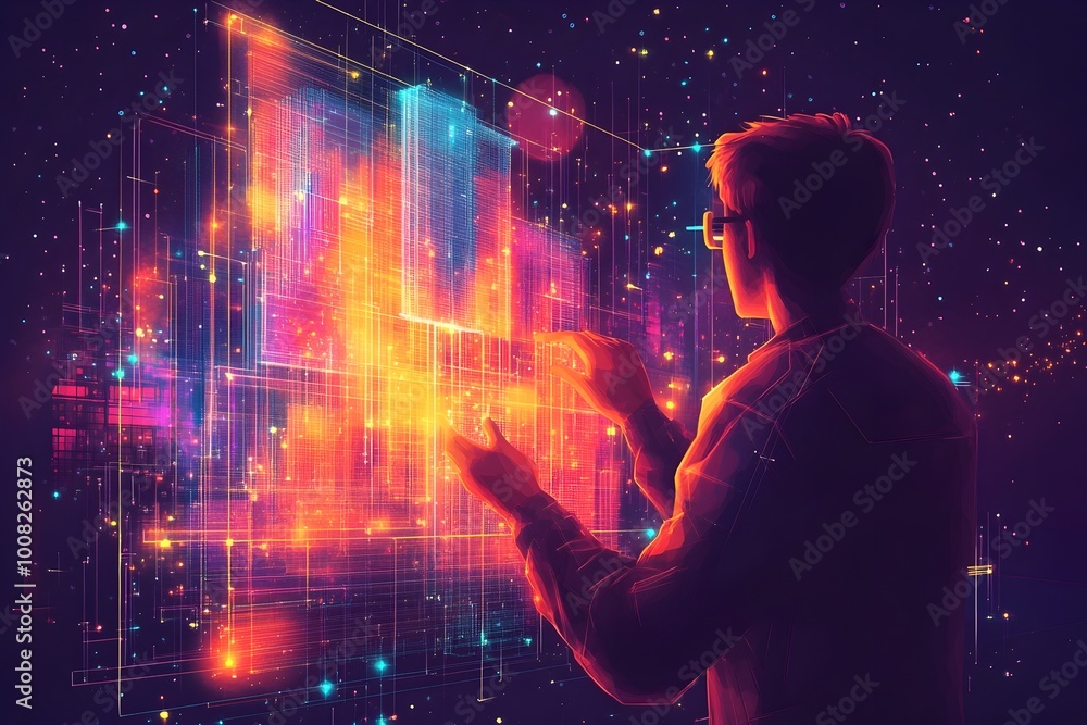 Poster futuristic architect examining holographic building blueprint with glowing digital interface