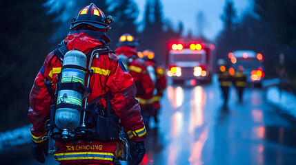 Fototapeta premium A team of firefighters prepares for action in a dramatic evening scene, showcasing bravery and dedication amidst emergency response.