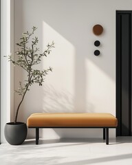 Modern Minimalist Interior with Mustard Yellow Bench and Potted Plant, Bright and Stylish Entryway Design, Perfect for Contemporary Home Decor and Open Spaces