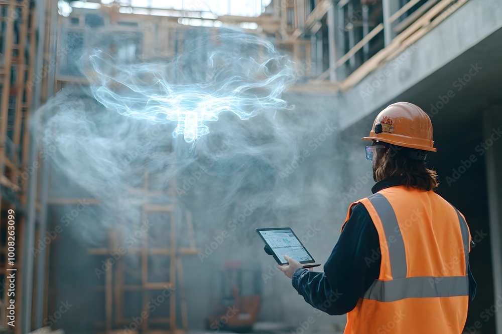 Aufkleber drone scanning construction site displaying real time holographic data for on site engineers