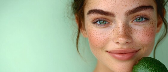 A youthful woman with striking freckles and bright blue eyes smiles while cradling a fresh avocado. The soft pastel green backdrop enhances her cheerful expression