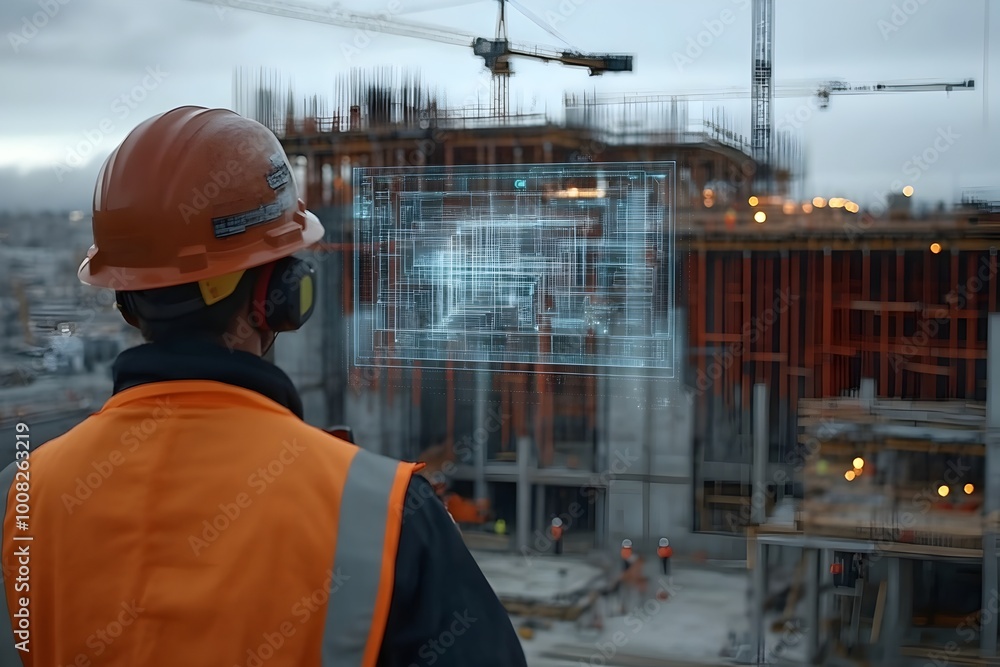 Aufkleber drone scanning construction site displaying real time data hologram for on site engineers