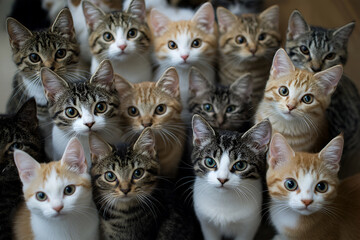 A lot of cats are looking at the camera