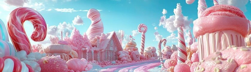 A whimsical candy landscape filled with pink sweets, spiral lollipops, and fluffy clouds, creating a magical, dreamlike atmosphere.