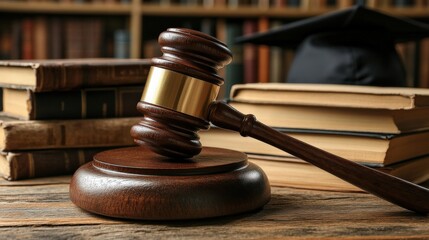Gavel and Law Books with Graduation Cap in Library Setting