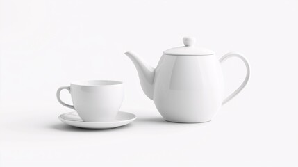 Elegant White Teapot and Cup on Minimalist Background