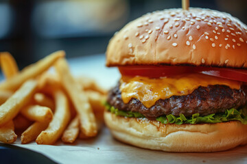 Burger with french fries on wooden background.