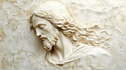 A gold and white painting of Jesus Christ