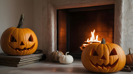 halloween pumpkin on a wooden table, ai generated