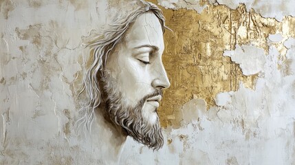 A gold and white painting of Jesus Christ