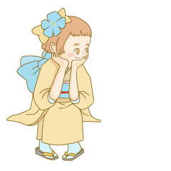黄色系の着物でほう杖をついて座る女の子
